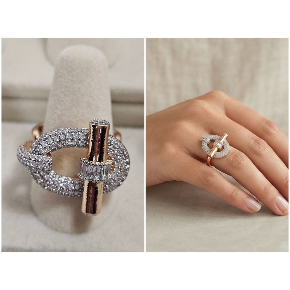 T-Bar Link Ring Women Size 8.5 Rose Gold Good Pave Crystal Statement